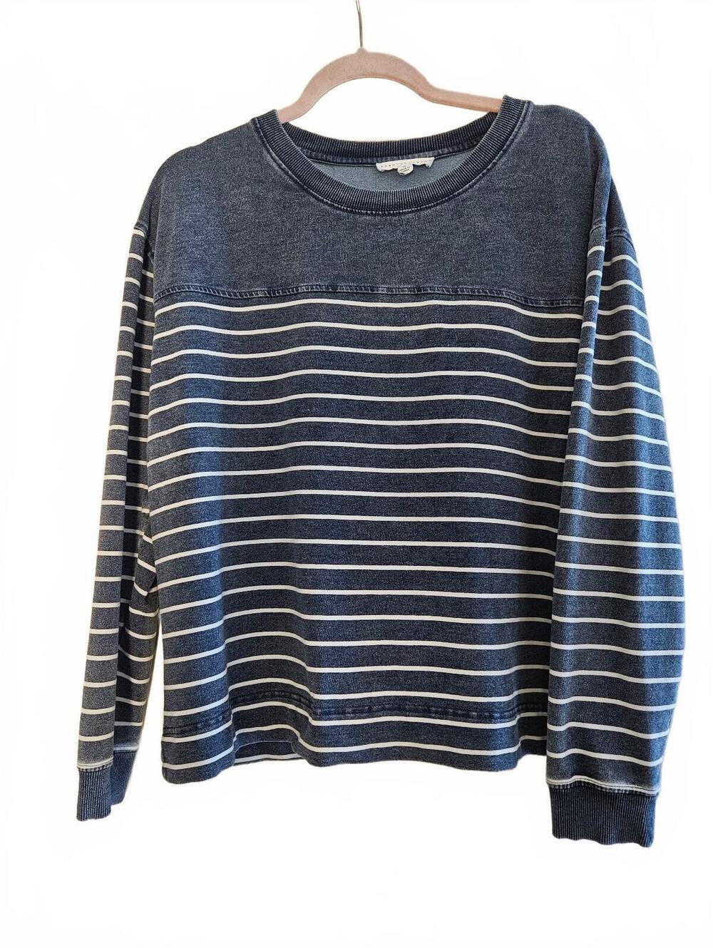 Jane + Delancey Medium Navy Blue Demin-Look Wash Striped Cotton Blend Sweater